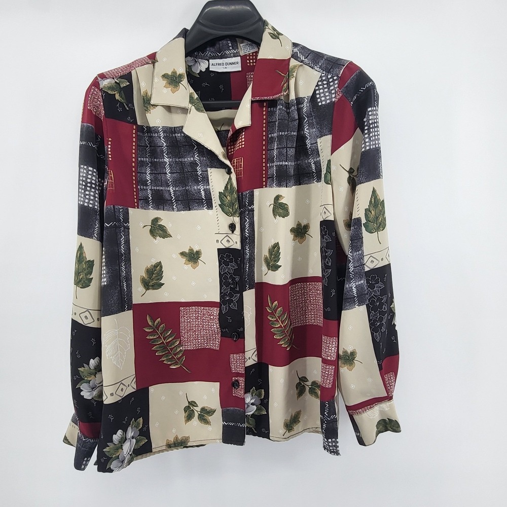Alfred Dunner Women's Size 14‎ Multicolor Floral Leaf Print Button Up Shirt Top